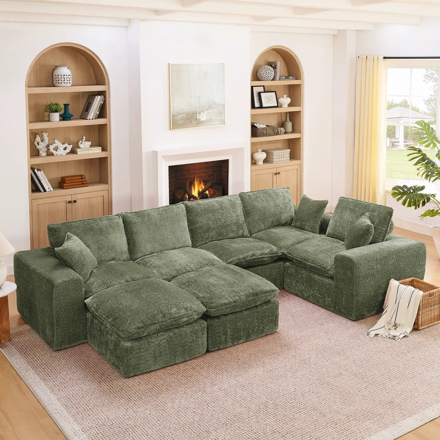 Sectional Sofa With Moveable Ottoman, green textured fabric, 3-piece living room set on Tampa Home & Garden Store