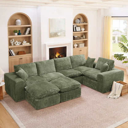 Sectional Sofa With Moveable Ottoman, green textured fabric, 3-piece living room set on Tampa Home & Garden Store