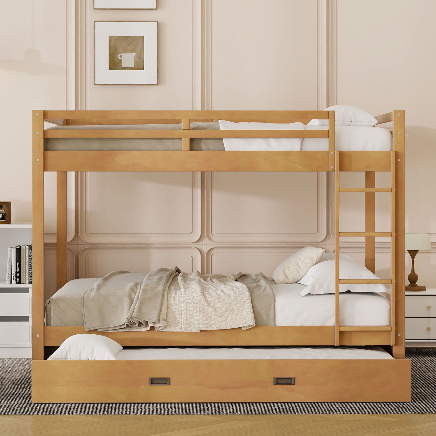 Sturdy natural wood bunk bed with ladder and beige bedding on Tampa Home & Garden Store