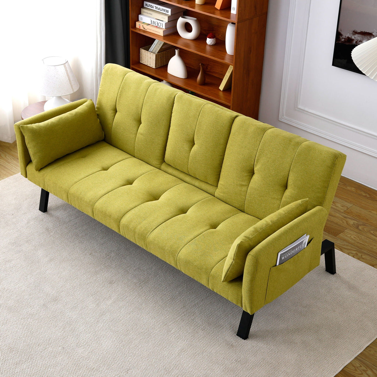 Green Foldable Sofa Bed with a Cup Holder