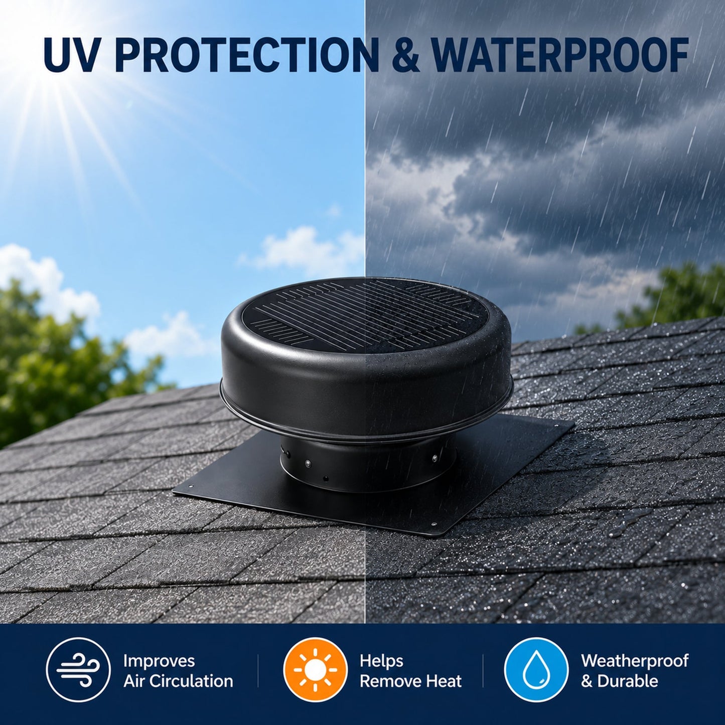HouseOfZazla 12-inch flush-mount round solar roof vent fan, 30W dual power, black on Tampa Home & Garden Store