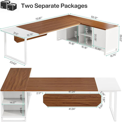 L-shaped executive desk white frame with walnut top and built-in file cabinet from HouseOfZazla on Tampa Home & Garden Store