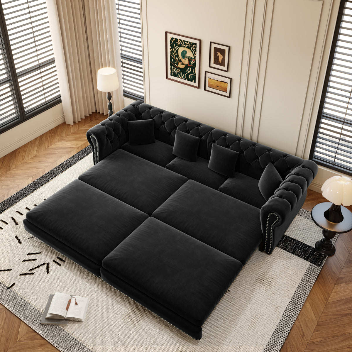 Chesterfield Sofa Bed velvet black 3-in-1 convertible tufted arms HouseOfZazla living room on Tampa Home & Garden Store