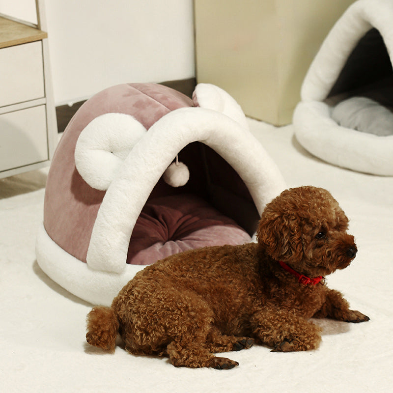 Pet Tent Cave Bed for cats and small dogs, pink-brown plush hut, self-warming bed on Tampa Home & Garden Store