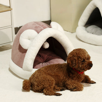 Pet Tent Cave Bed for cats and small dogs, pink-brown plush hut, self-warming bed on Tampa Home & Garden Store