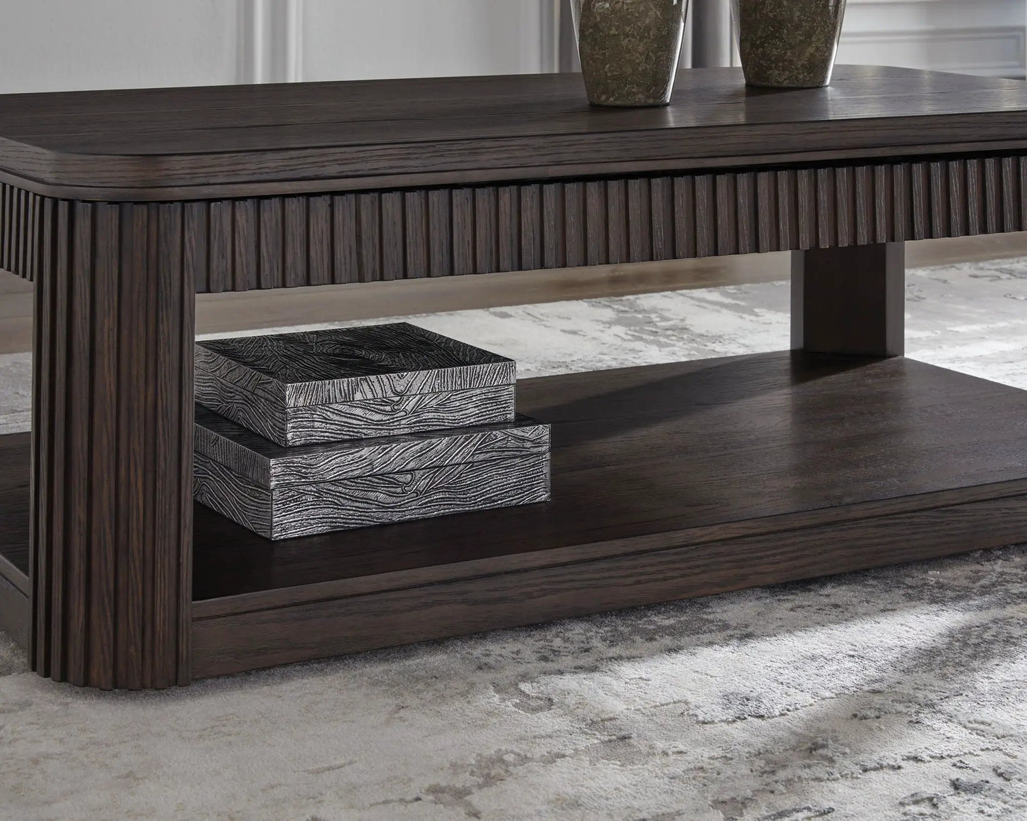 Carlibrie rectangular end table in dark walnut finish with fluted slat apron and solid legs on Tampa Home & Garden Store