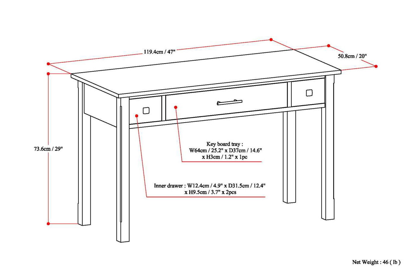 Avalon Handcrafted Writing Office Desk with three drawers and keyboard tray on Tampa Home & Garden Store