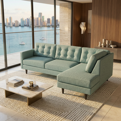 Talmadge Sectional by HouseOfZazla teal fabric with tufted cushions in modern lounge on Tampa Home & Garden Store