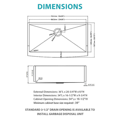 Farmhouse apron-front undermount kitchen sink by HouseOfZazla, diagram shows 36in L x 20-3/4in W on Tampa Home & Garden Store