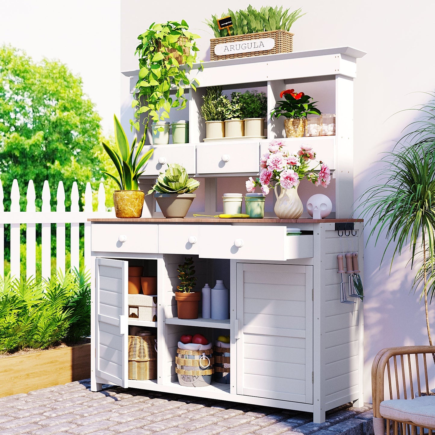 TOPMAX 65.7in tall garden potting bench with hutch, white outdoor workstation with drawers on Tampa Home & Garden Store
