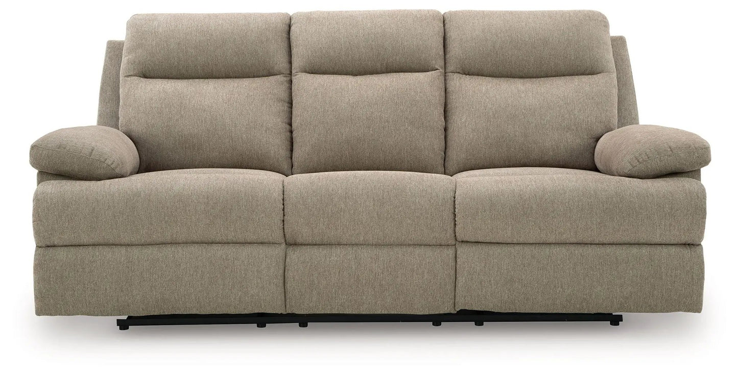 Side-Swipe reclining sofa beige fabric with plush cushions on Tampa Home & Garden Store