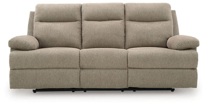Side-Swipe reclining sofa beige fabric with plush cushions on Tampa Home & Garden Store