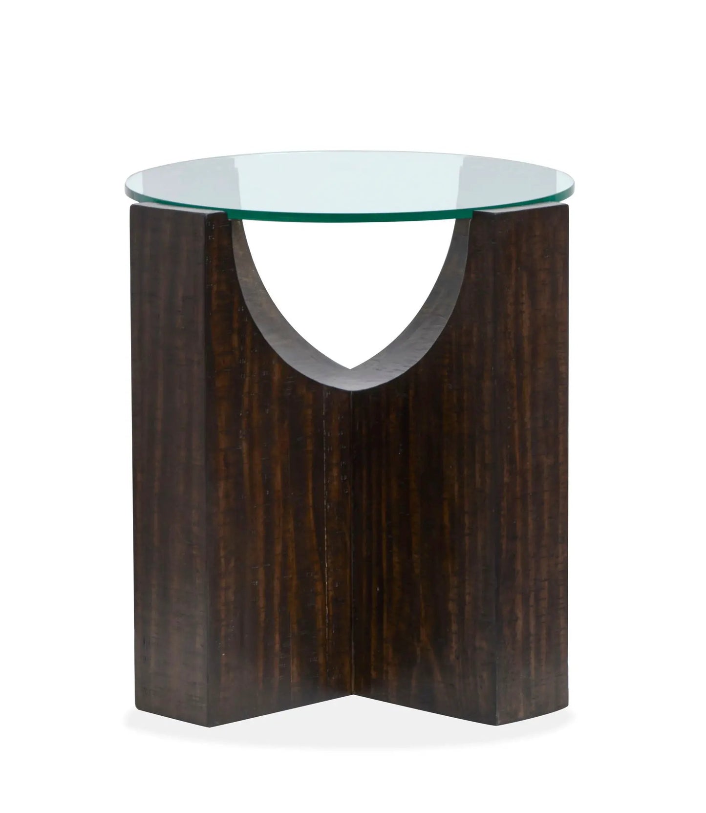 Beckham end table by Unique Piece Furniture with round glass top and dark wood base on Tampa Home & Garden Store