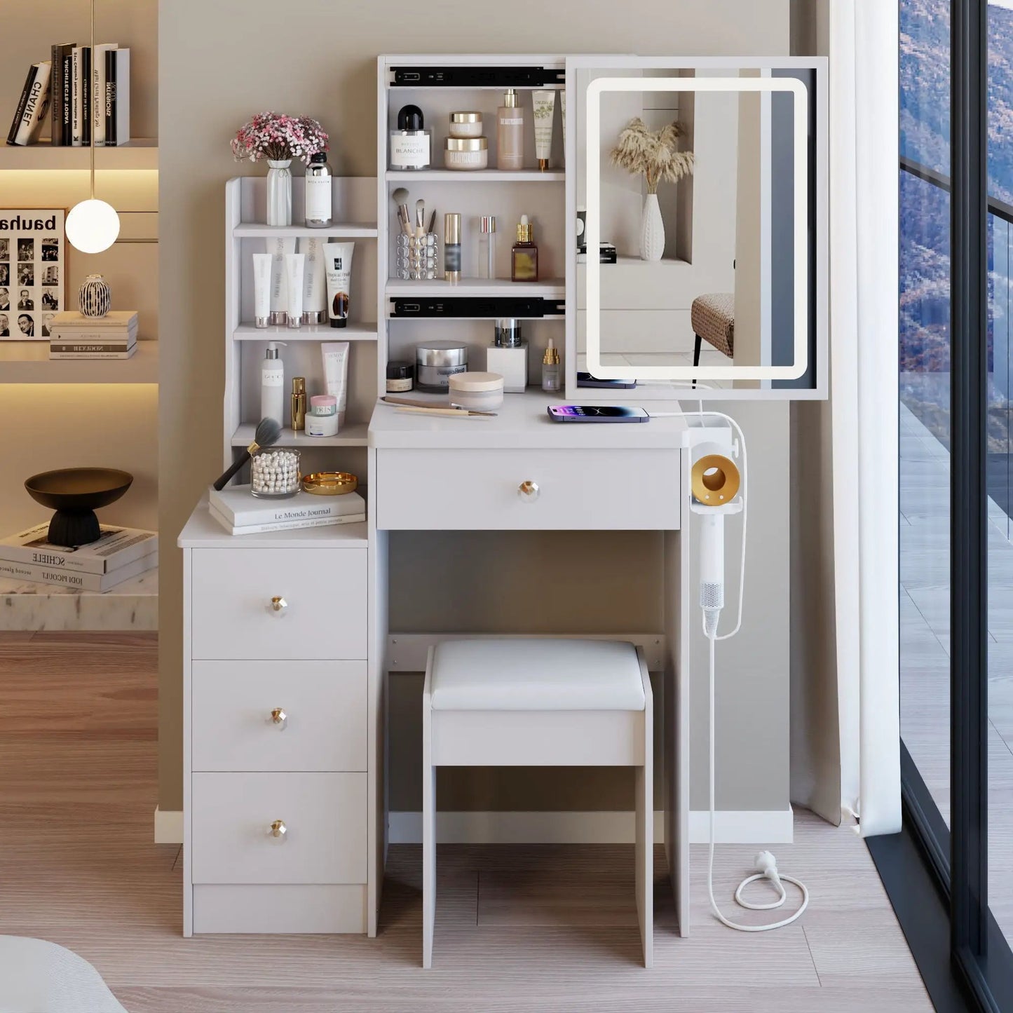 White cabinet vanity table with cushioned stool, hair dryer bracket and USB power station on Tampa Home & Garden Store