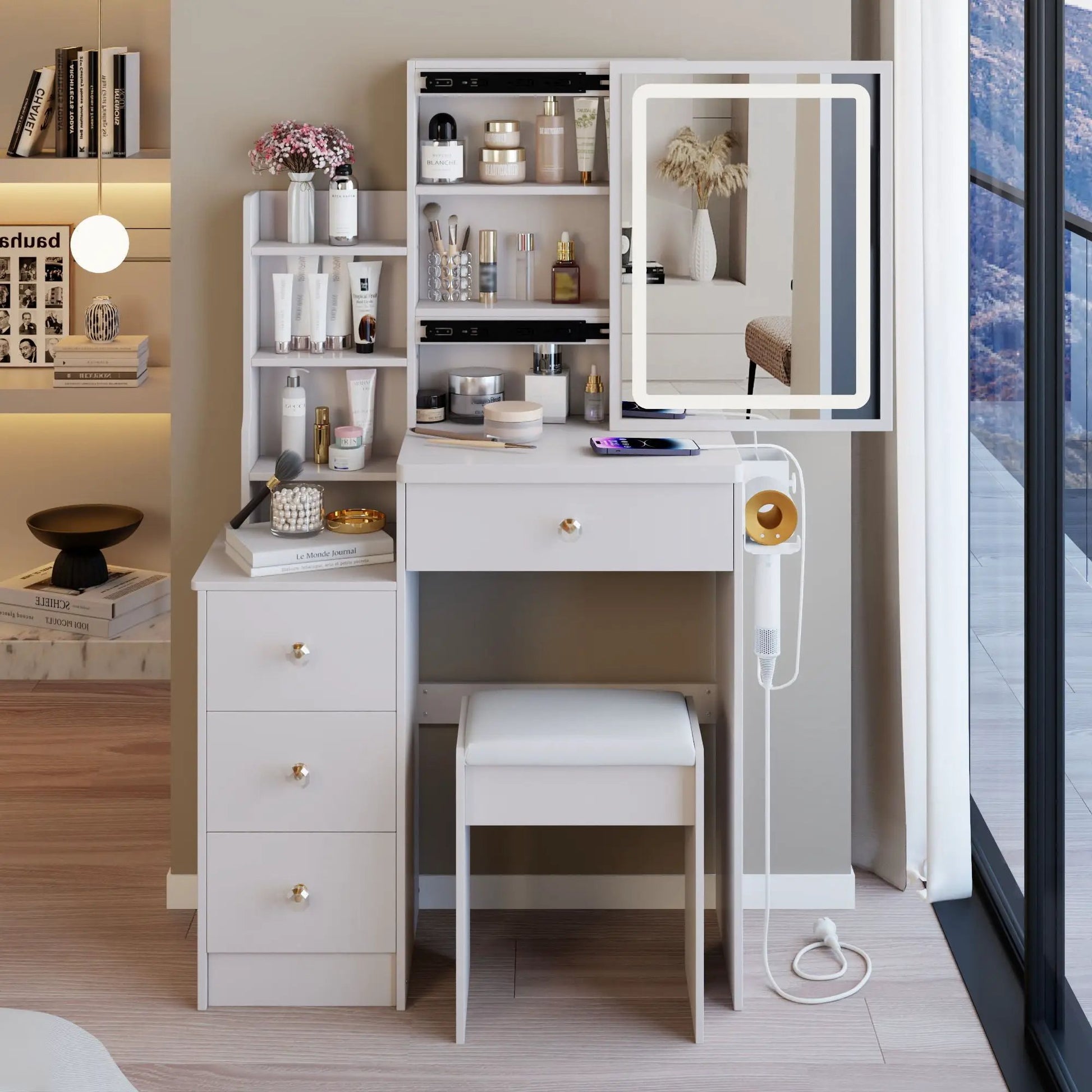 White cabinet vanity table with cushioned stool, hair dryer bracket and USB power station on Tampa Home & Garden Store