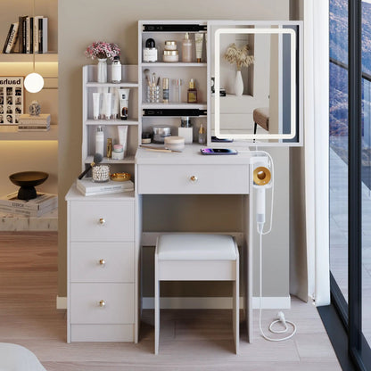 White cabinet vanity table with cushioned stool, hair dryer bracket and USB power station on Tampa Home & Garden Store