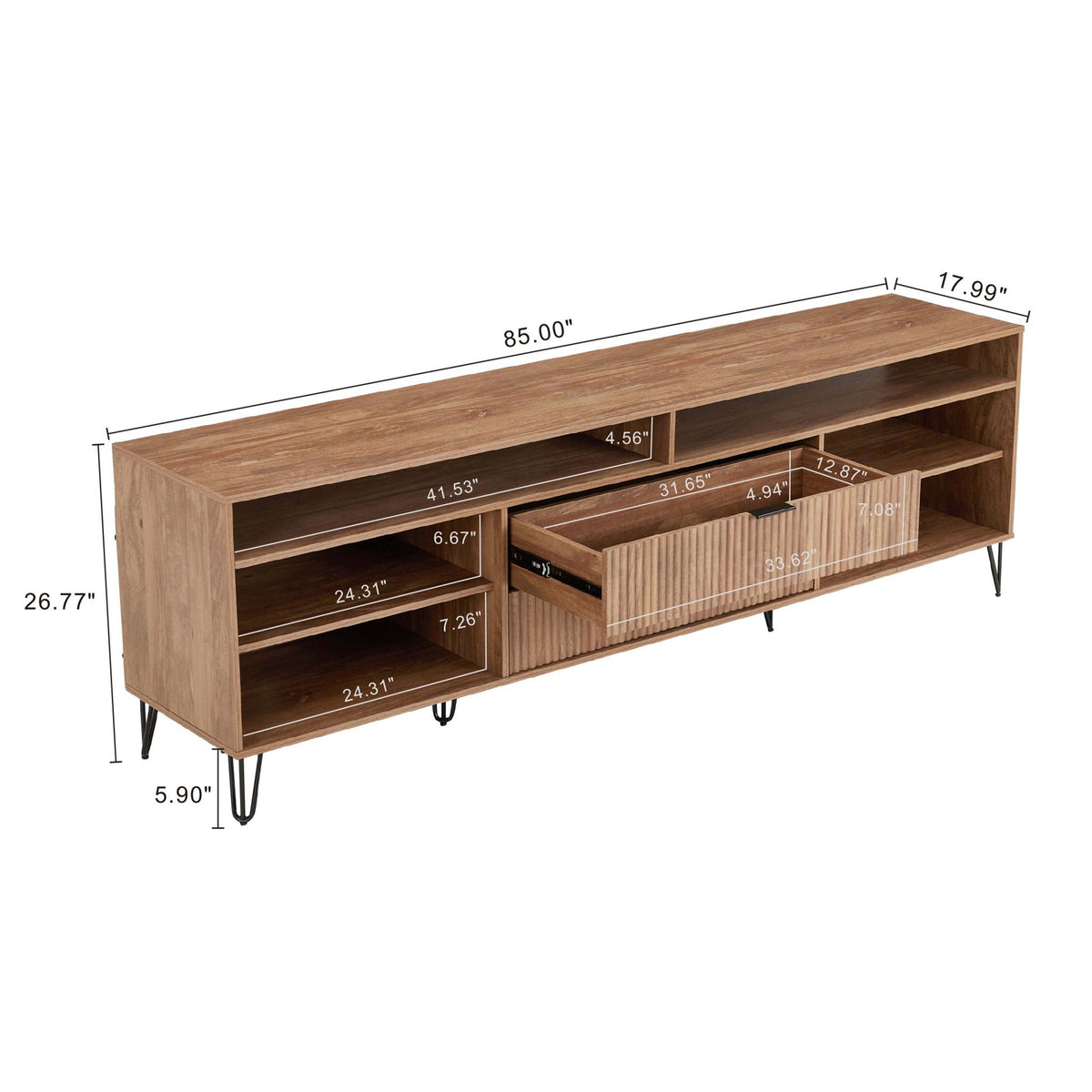 Fluted TV stand with storage and metal legs, wood finish, HouseOfZazla on Tampa Home & Garden Store