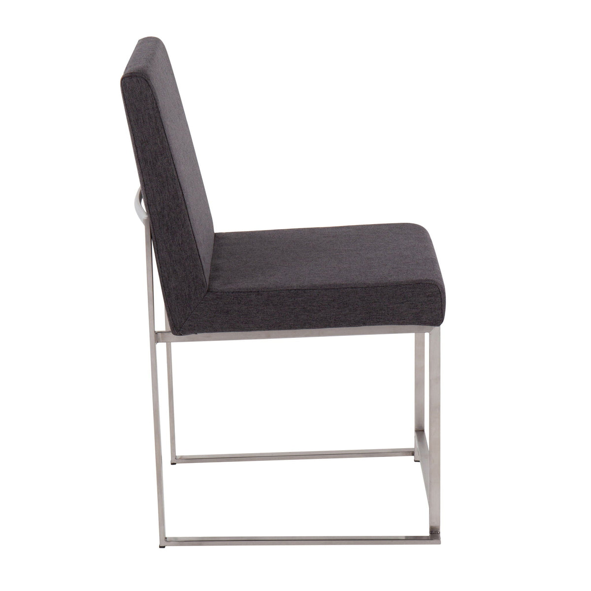 Contemporary high-back dining chair with dark gray padded upholstery and metal legs on Tampa Home & Garden Store