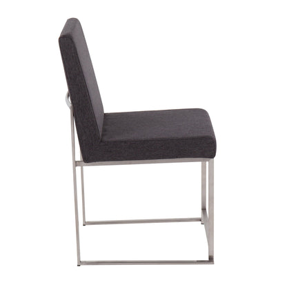 Contemporary high-back dining chair with dark gray padded upholstery and metal legs on Tampa Home & Garden Store