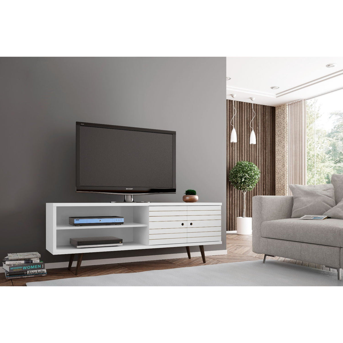 63in TV Stand by HouseOfZazla, white finish, hidden storage, solid wood legs on Tampa Home & Garden Store