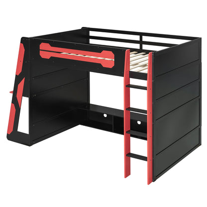 Full Size Wood Loft Bed with Desk by HouseOfZazla, black wood frame with red ladder accents on Tampa Home & Garden Store