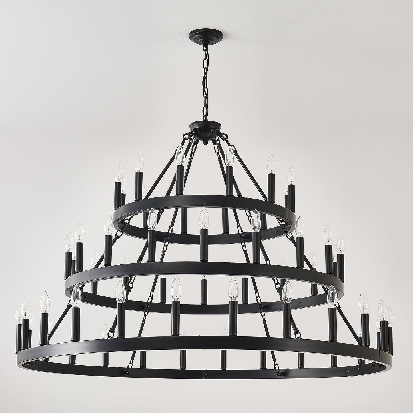 3 Tiers Wagon Wheel Chandelier matte black metal 54-light fixture with chain on Tampa Home & Garden Store