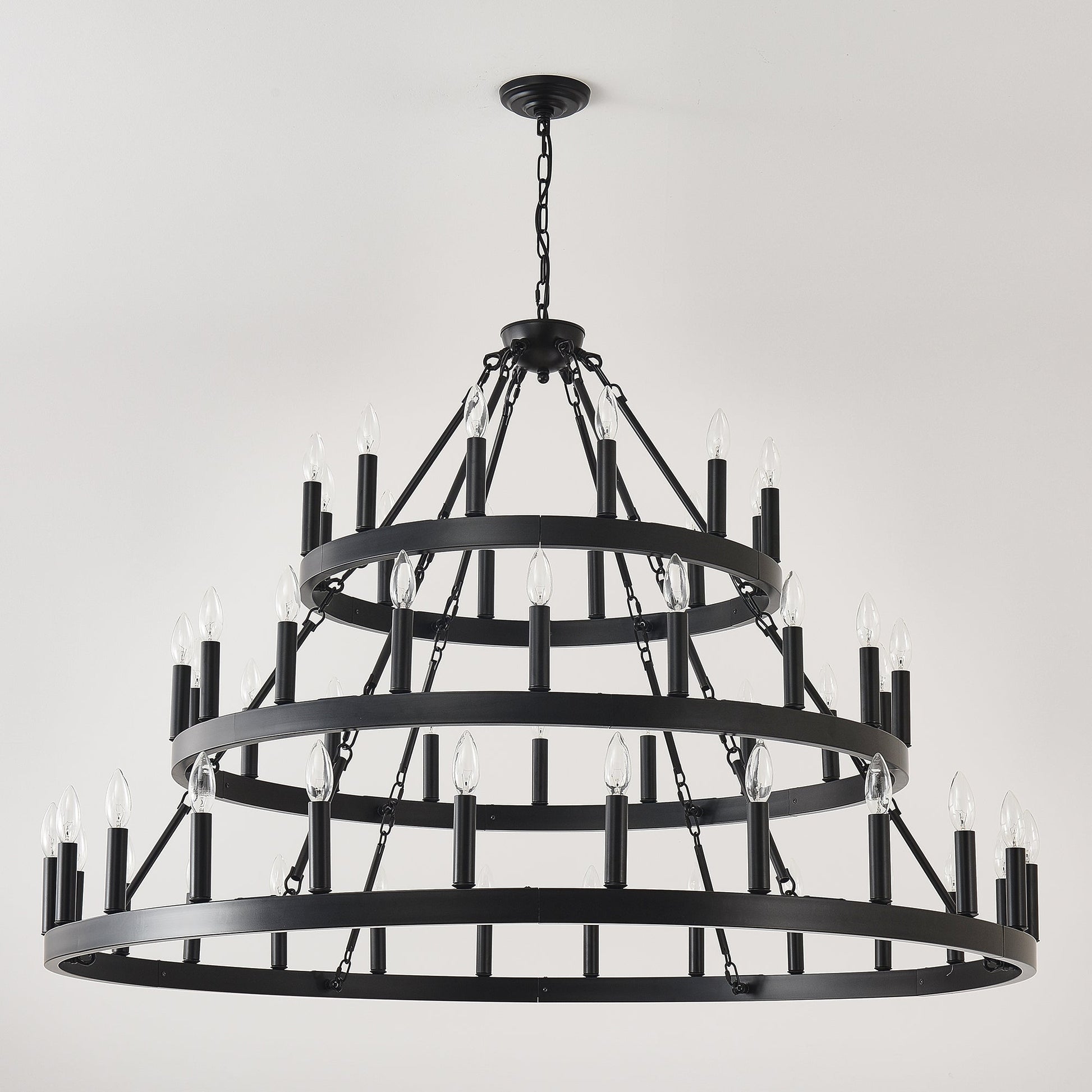 3 Tiers Wagon Wheel Chandelier matte black metal 54-light fixture with chain on Tampa Home & Garden Store