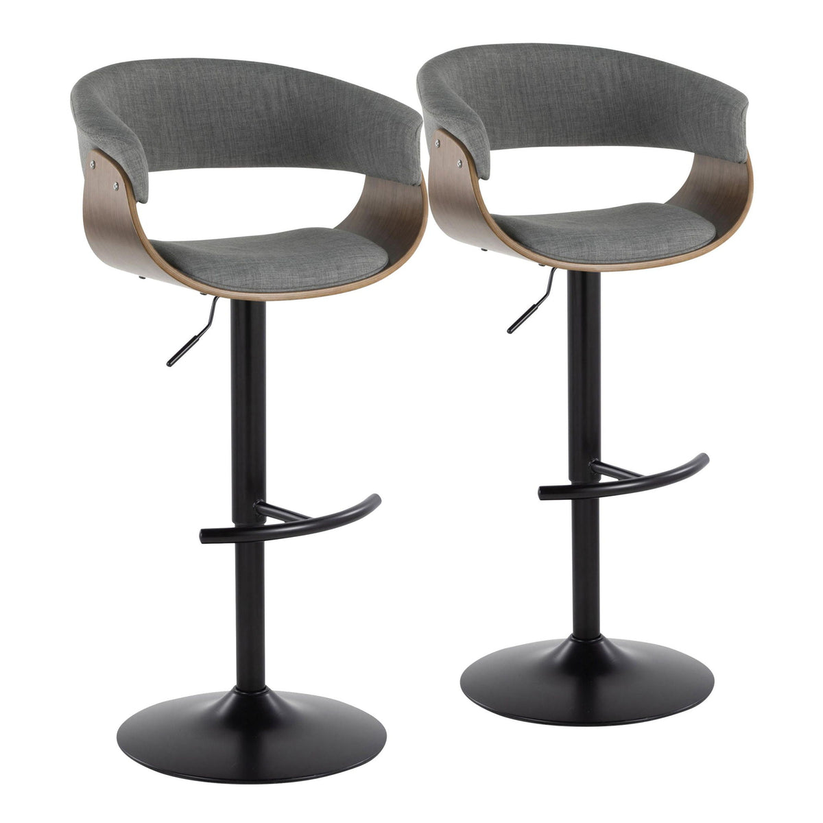 Mid Century Modern adjustable swivel bar stool set, gray fabric, curved wood accents, pair on Tampa Home & Garden Store
