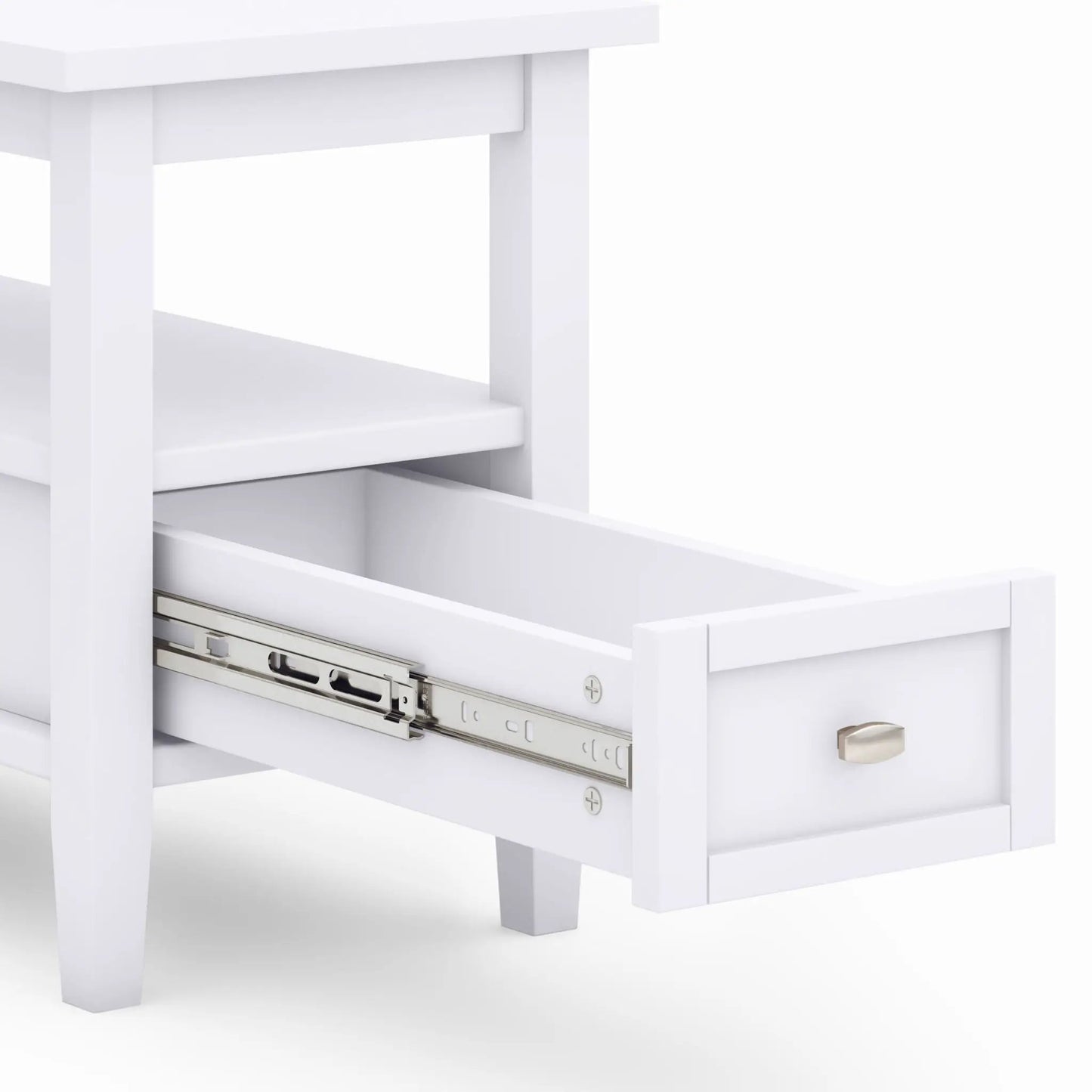 Warm Shaker handcrafted coffee table in white with visible metal drawer slides on Tampa Home & Garden Store