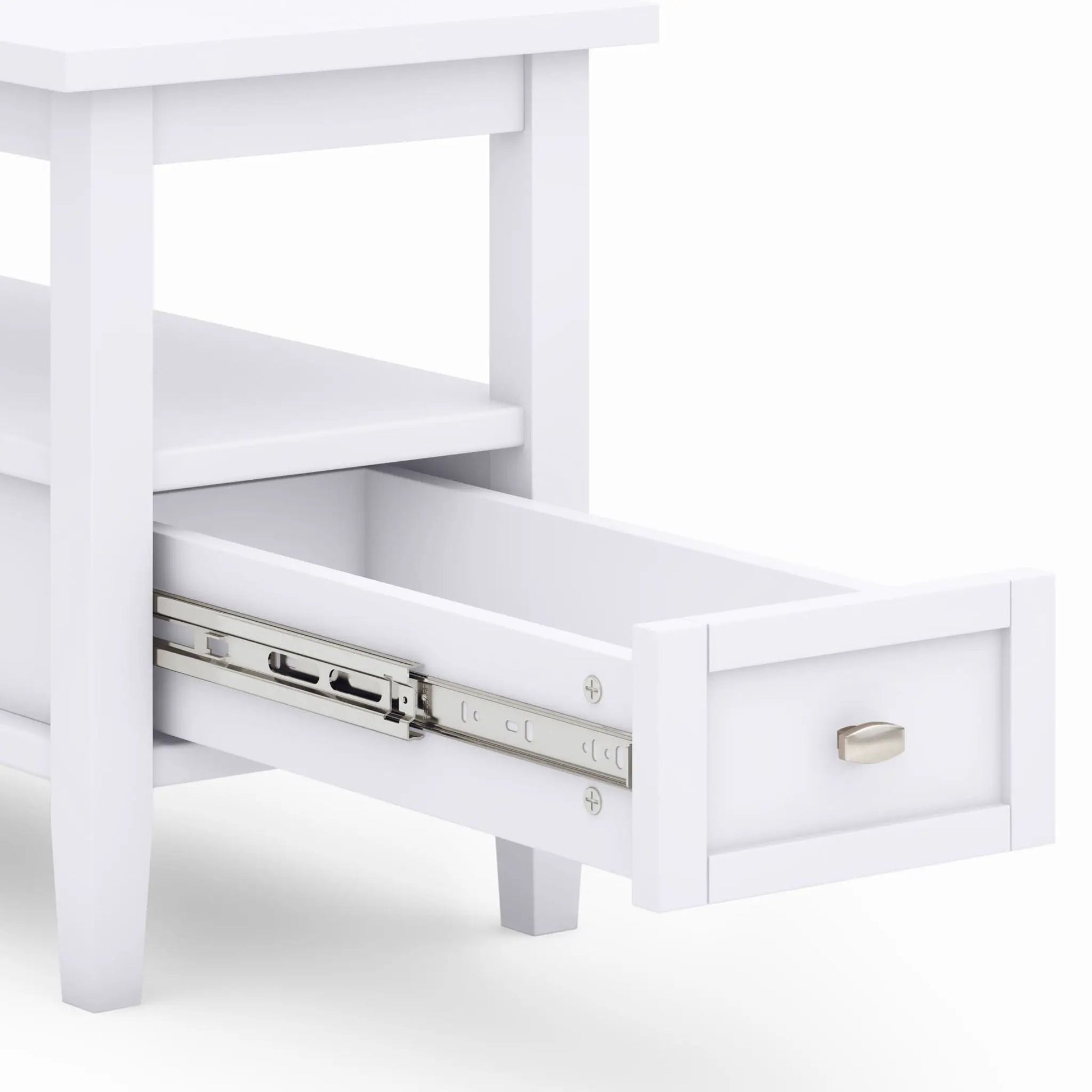 Warm Shaker handcrafted coffee table in white with visible metal drawer slides on Tampa Home & Garden Store