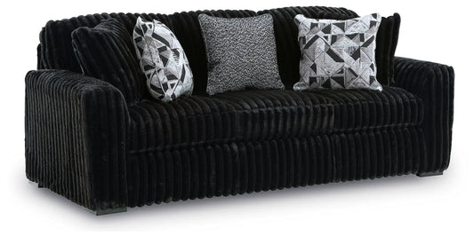 Midnight-Madness sofa by Unique Piece Furniture, black ribbed corduroy with three pillows on Tampa Home & Garden Store