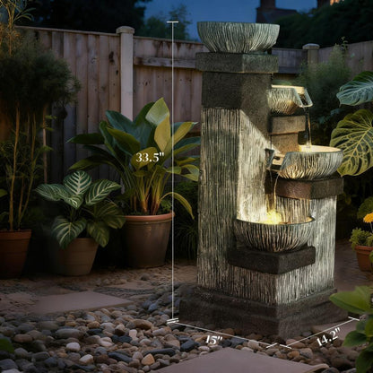4-Tier gray-toned resin cascading bowls outdoor fountain with LED lights by HouseOfZazla garden setting on Tampa Home & Garden Store