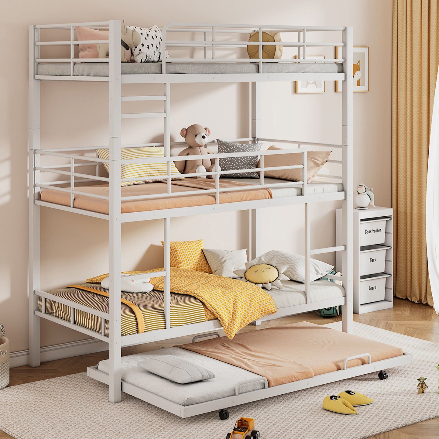 Triple Bunk Bed With Trundle in white heavy-duty steel construction by HouseOfZazla on Tampa Home & Garden Store