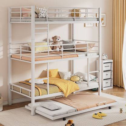 Triple Bunk Bed With Trundle in white heavy-duty steel construction by HouseOfZazla on Tampa Home & Garden Store