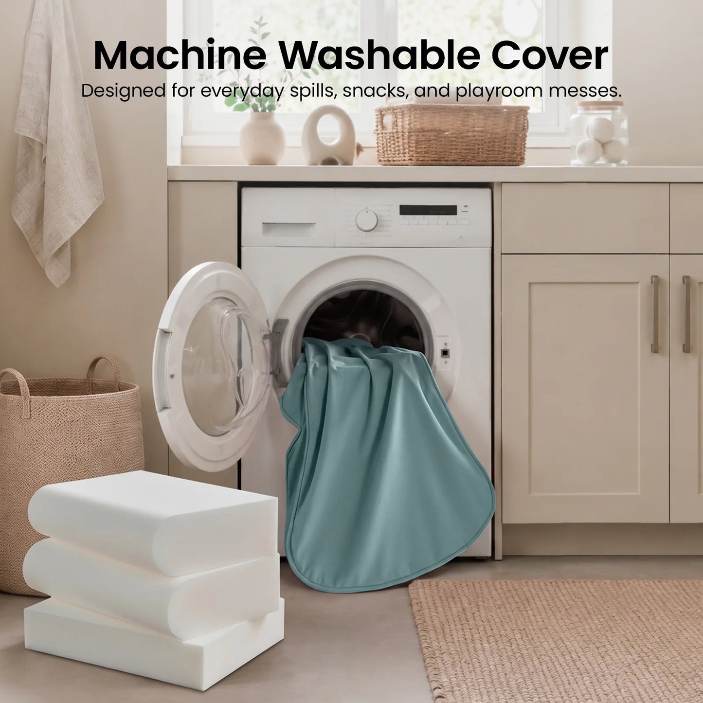 Tiny Land GentleSnug Kids Sofa Chair teal slipcover in laundry room setup on Tampa Home & Garden Store