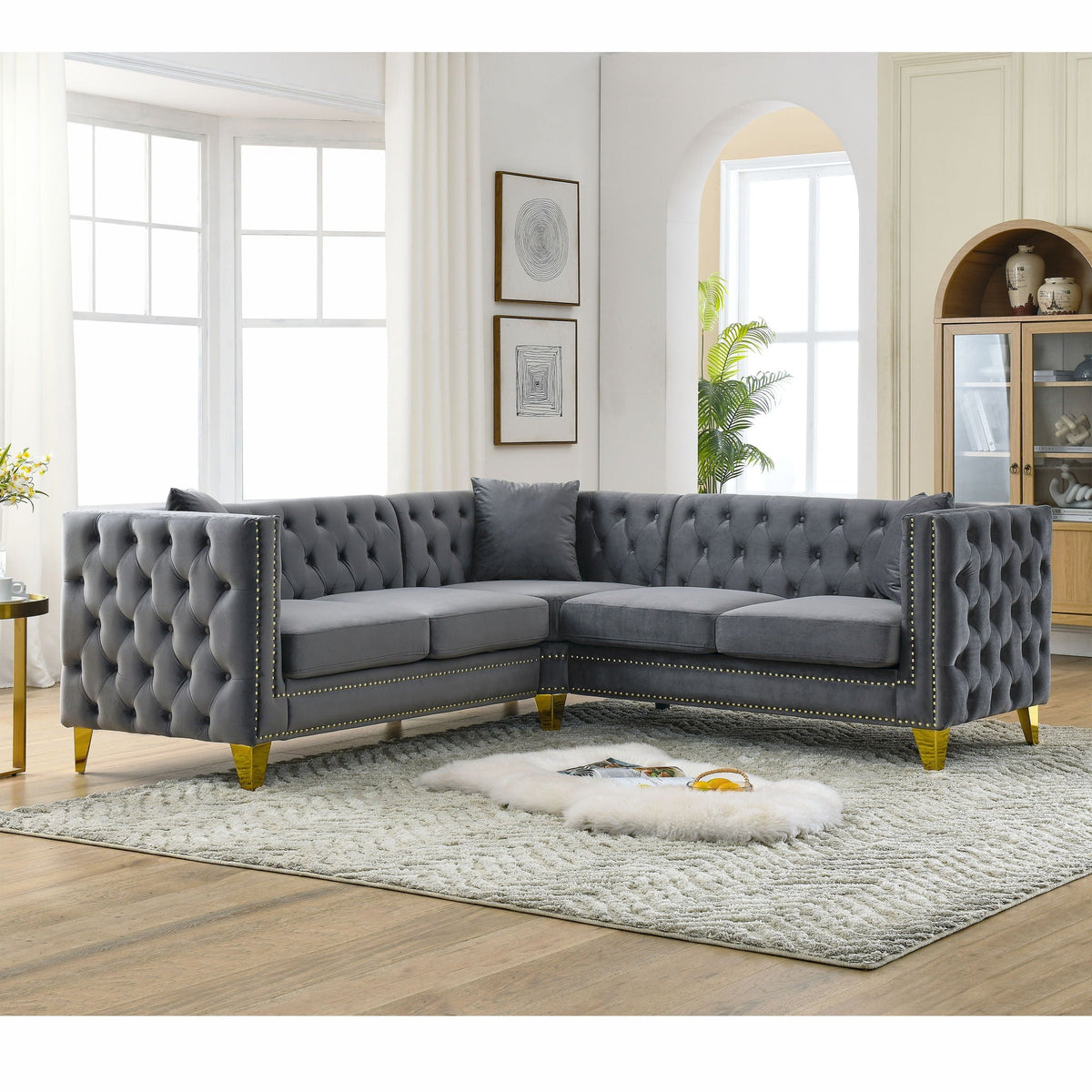 L-shaped corner sofa, 5-seat stationary tufted gray velvet with gold legs, HouseOfZazla on Tampa Home & Garden Store