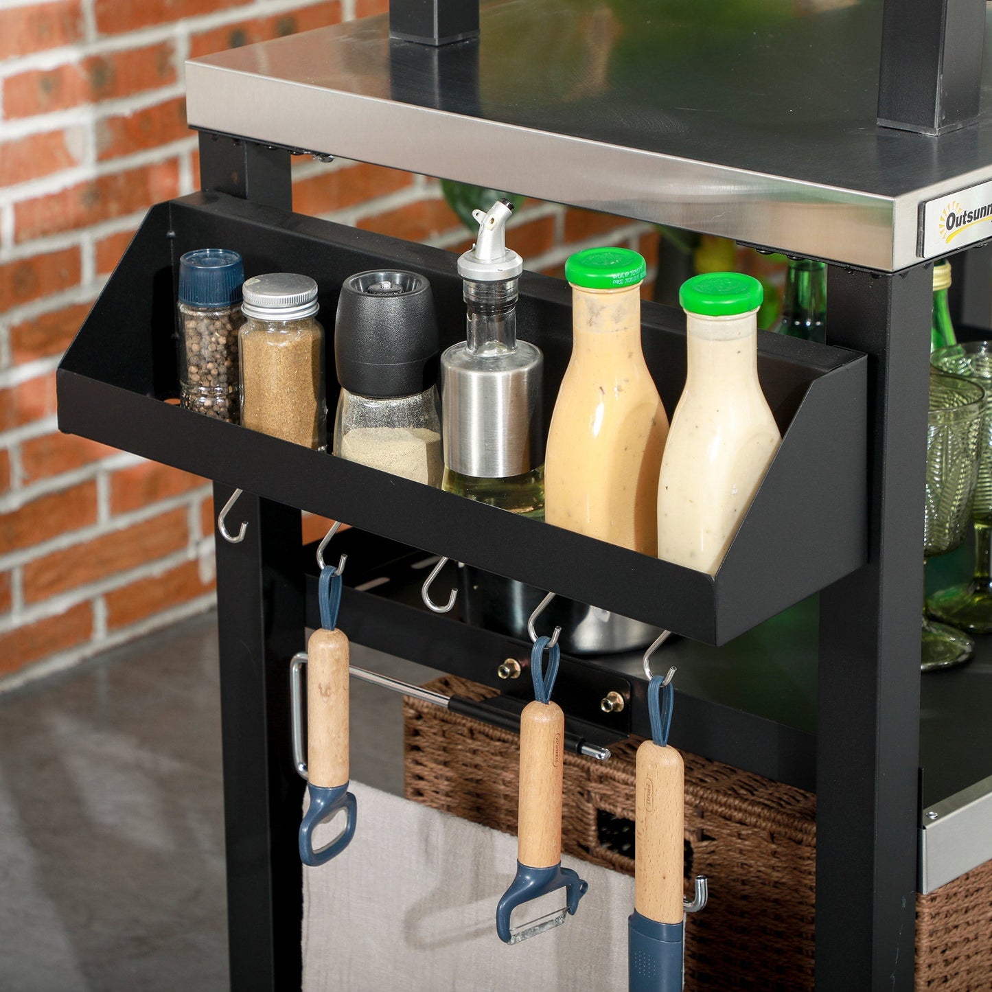 Outsunny three-shelf outdoor grill cart with stainless steel tabletop and black frame on Tampa Home & Garden Store