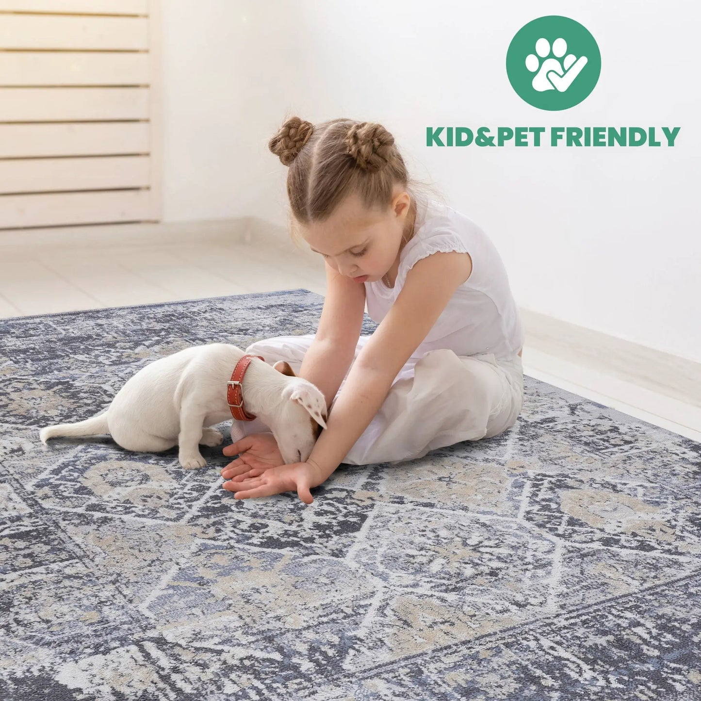 Payas traditional area rug blue-gray distressed pattern with child and puppy on Tampa Home & Garden Store