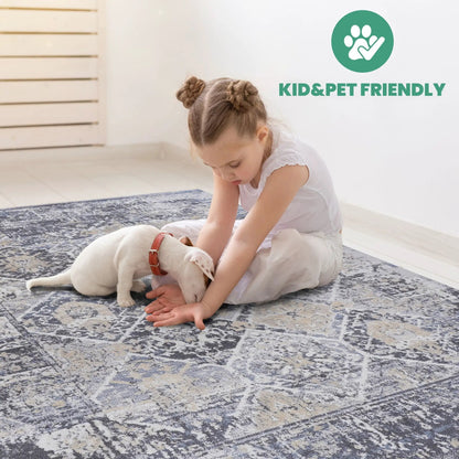 Payas traditional area rug blue-gray distressed pattern with child and puppy on Tampa Home & Garden Store