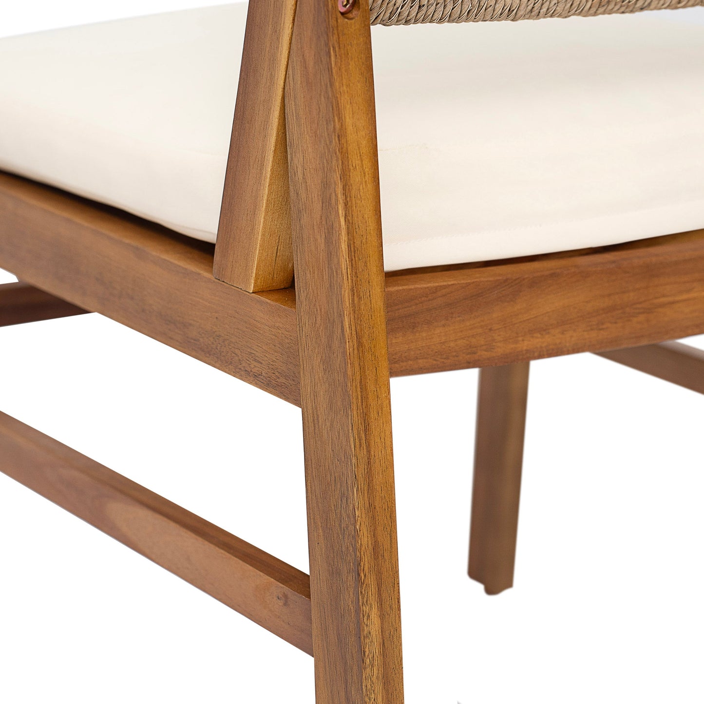 Outdoor dining chair frame in acacia wood with teak finish and beige cushion and woven rope on Tampa Home & Garden Store
