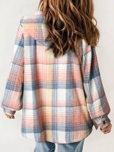 Plaid Snap Down Plush Hooded Jacket Women Warm