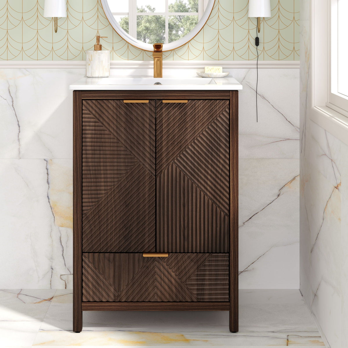 Modern bathroom vanity dark brown wood with white countertop, brass faucet chevron-panel doors on Tampa Home & Garden Store