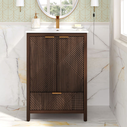 Modern bathroom vanity dark brown wood with white countertop, brass faucet chevron-panel doors on Tampa Home & Garden Store
