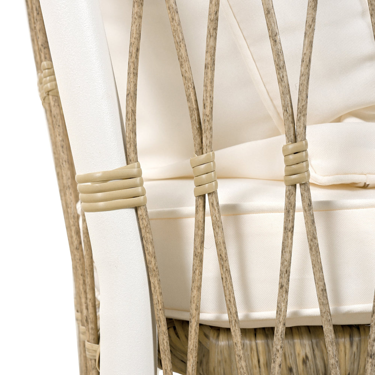 TOPMAX Patio 5pc wooden dining set chairs close-up with beige cushions and wrapped rattan legs on Tampa Home & Garden Store