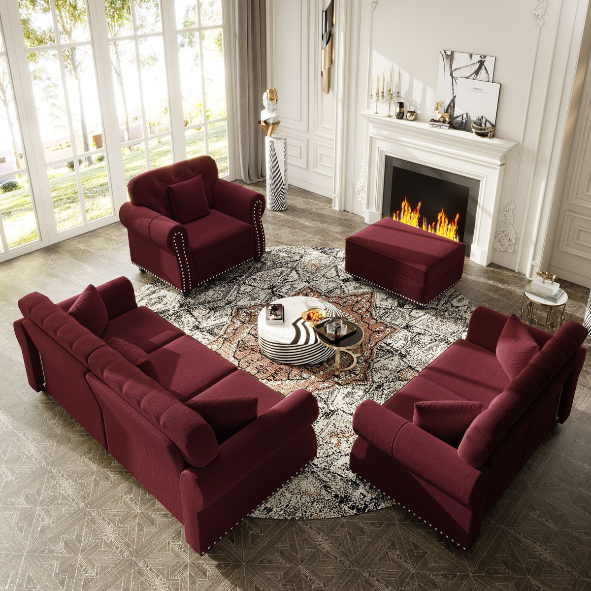 Upholstered Sofa Set with Nailhead and Pillows
