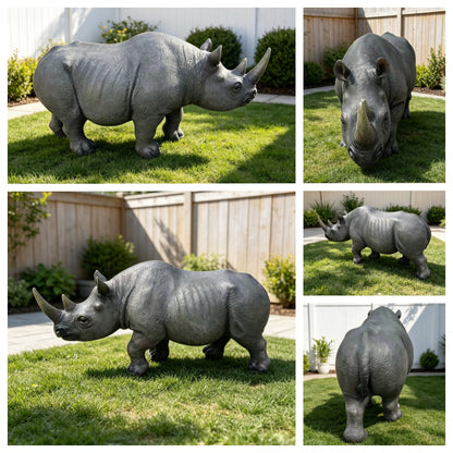 27.5in realistic rhinoceros garden statue by HouseOfZazla; lawn sculpture in dark gray on Tampa Home & Garden Store