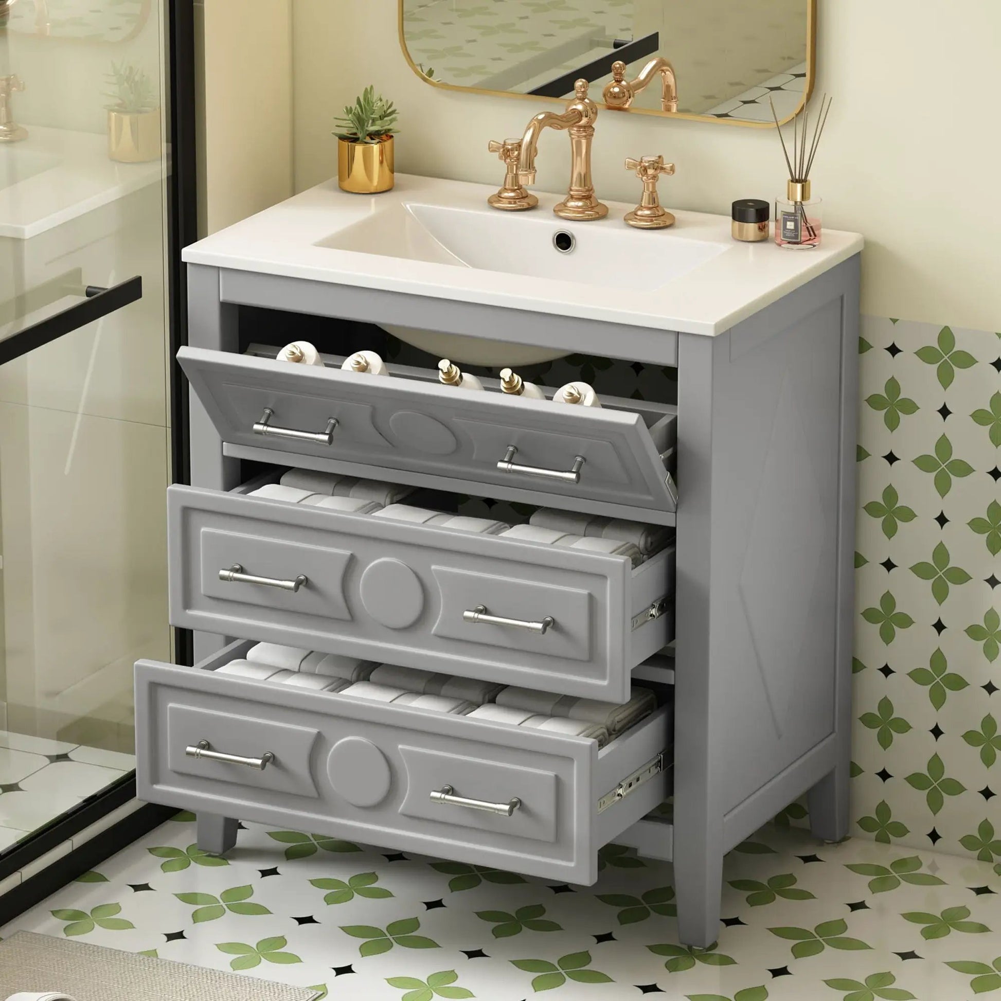 Retro bathroom vanity with white sink in gray cabinet, 3 drawers, brass faucet set on Tampa Home & Garden Store