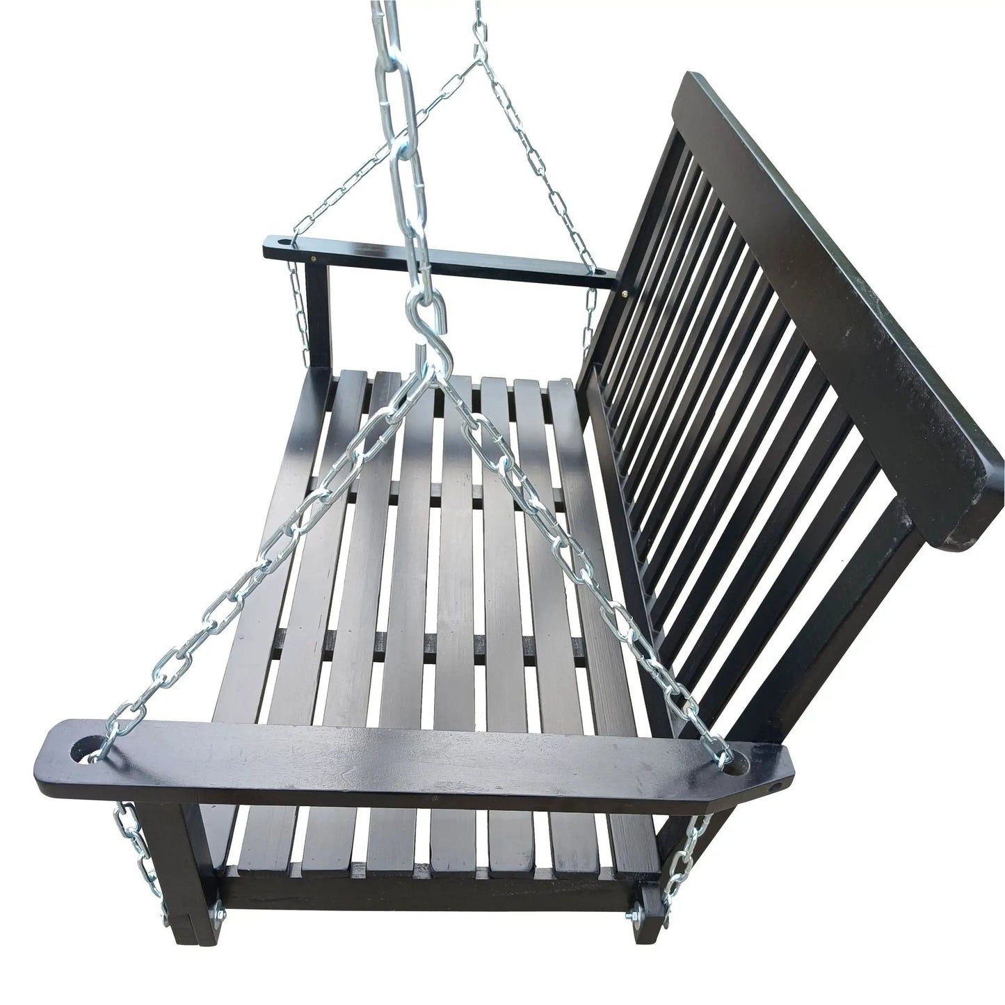 Front porch swing with armrests, dark wood slats, black frame, hanging chains on Tampa Home & Garden Store