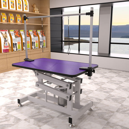 Hydraulic pet grooming table with H-arm, HouseOfZazla, purple non-slip top, gray frame on Tampa Home & Garden Store