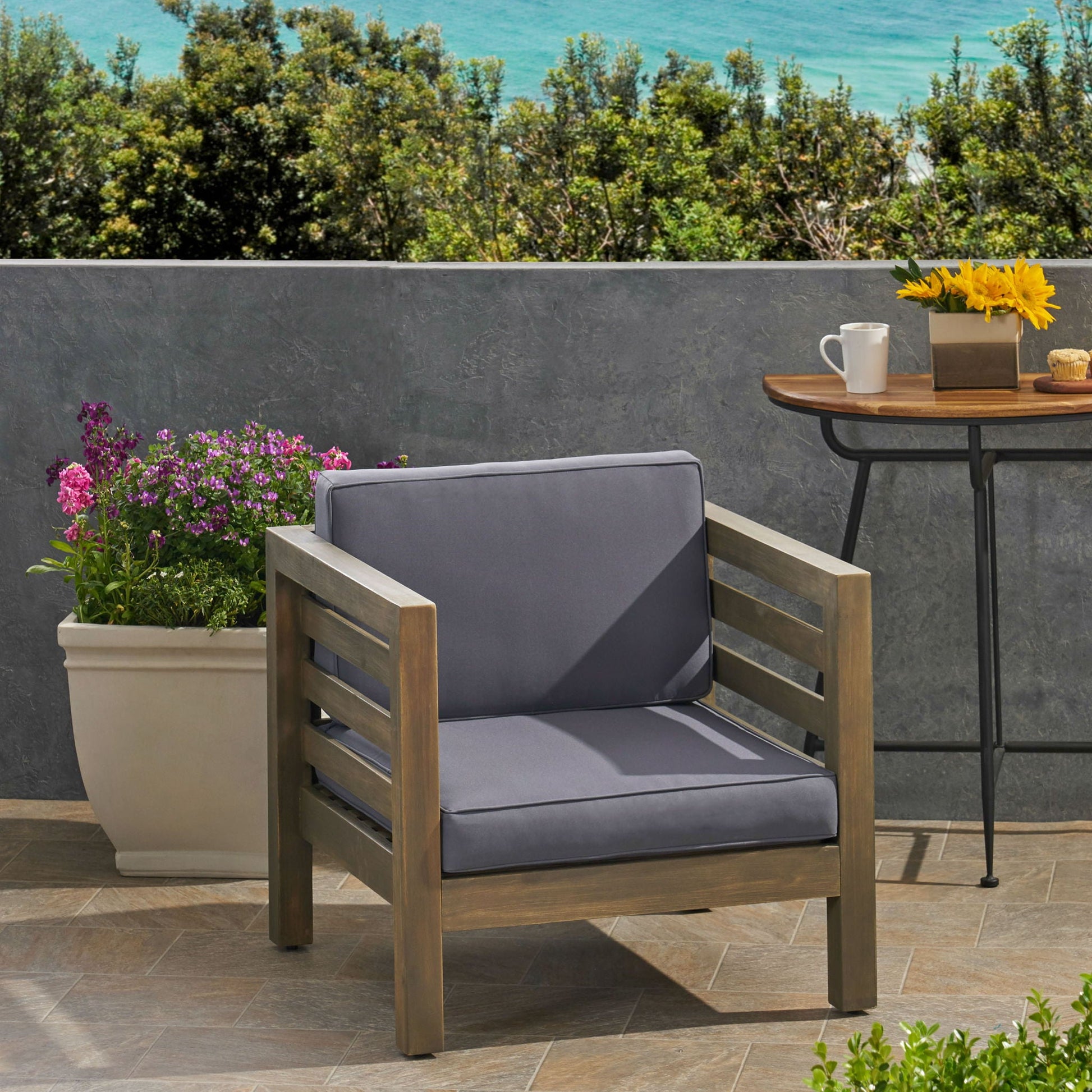 Outdoor acacia wood patio arm chairs with dark gray fabric cushions, HouseOfZazla set of 2 on Tampa Home & Garden Store